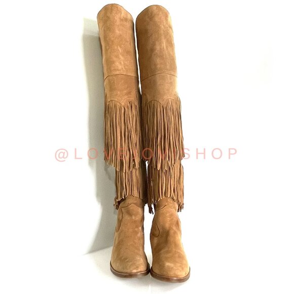 Bohemian | Sam Edelman Over-the-Knee Fringe Boots | Camel Tan Suede Western Tall - Picture 6 of 15